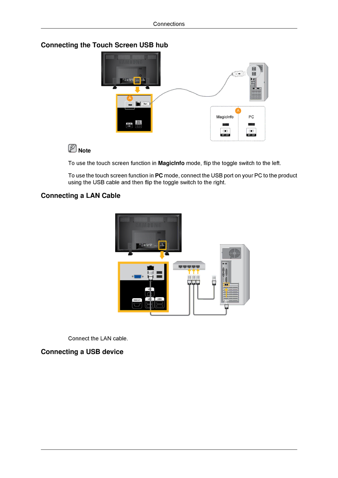 Samsung LH70TCUMBG/EN, LH82TCUMBG/EN Connecting the Touch Screen USB hub, Connecting a LAN Cable, Connecting a USB device 