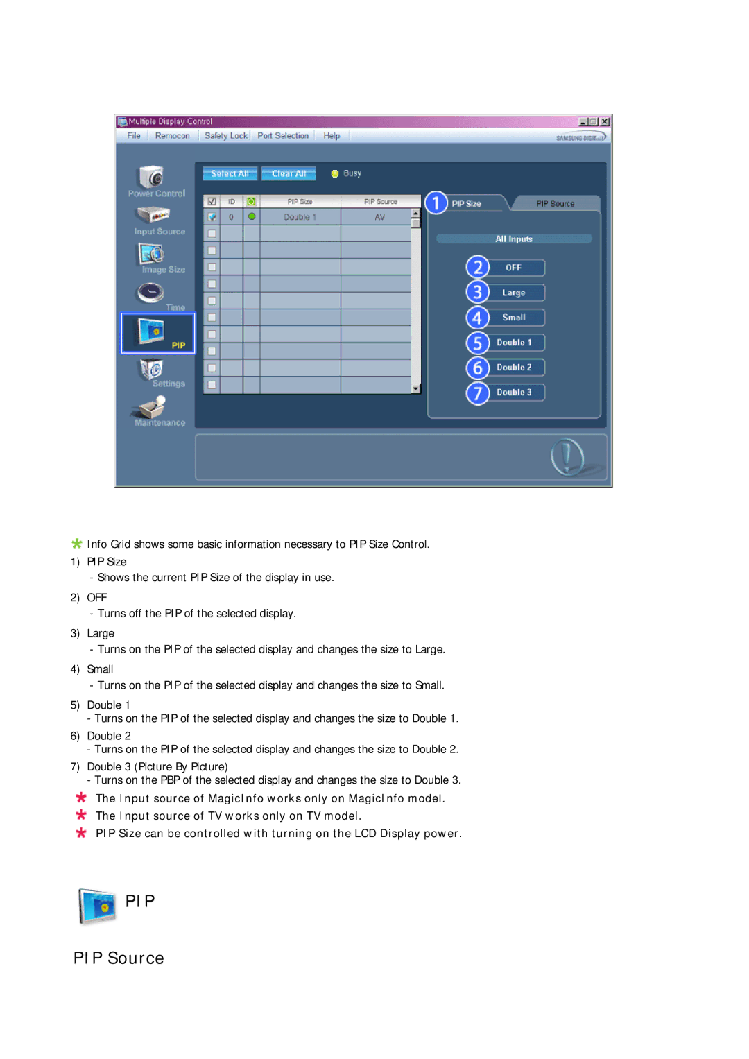 Samsung LH70TCSMBG/XJ, LH70TCUMBG/EN, LH82TCUMBG/EN, LH70TCSMBG/EN, LH70TCUMBG/XJ manual PIP Source 