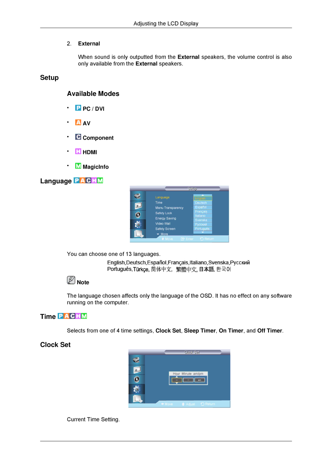 Samsung LH70TCSMBG/XJ, LH70TCUMBG/EN, LH82TCUMBG/EN manual Setup Available Modes, Language, Time, Clock Set, External 