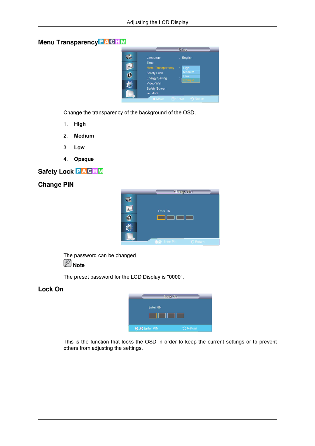 Samsung LH82TCUMBG/EN, LH70TCUMBG/EN manual Menu Transparency, Safety Lock Change PIN, Lock On, High Medium Low Opaque 