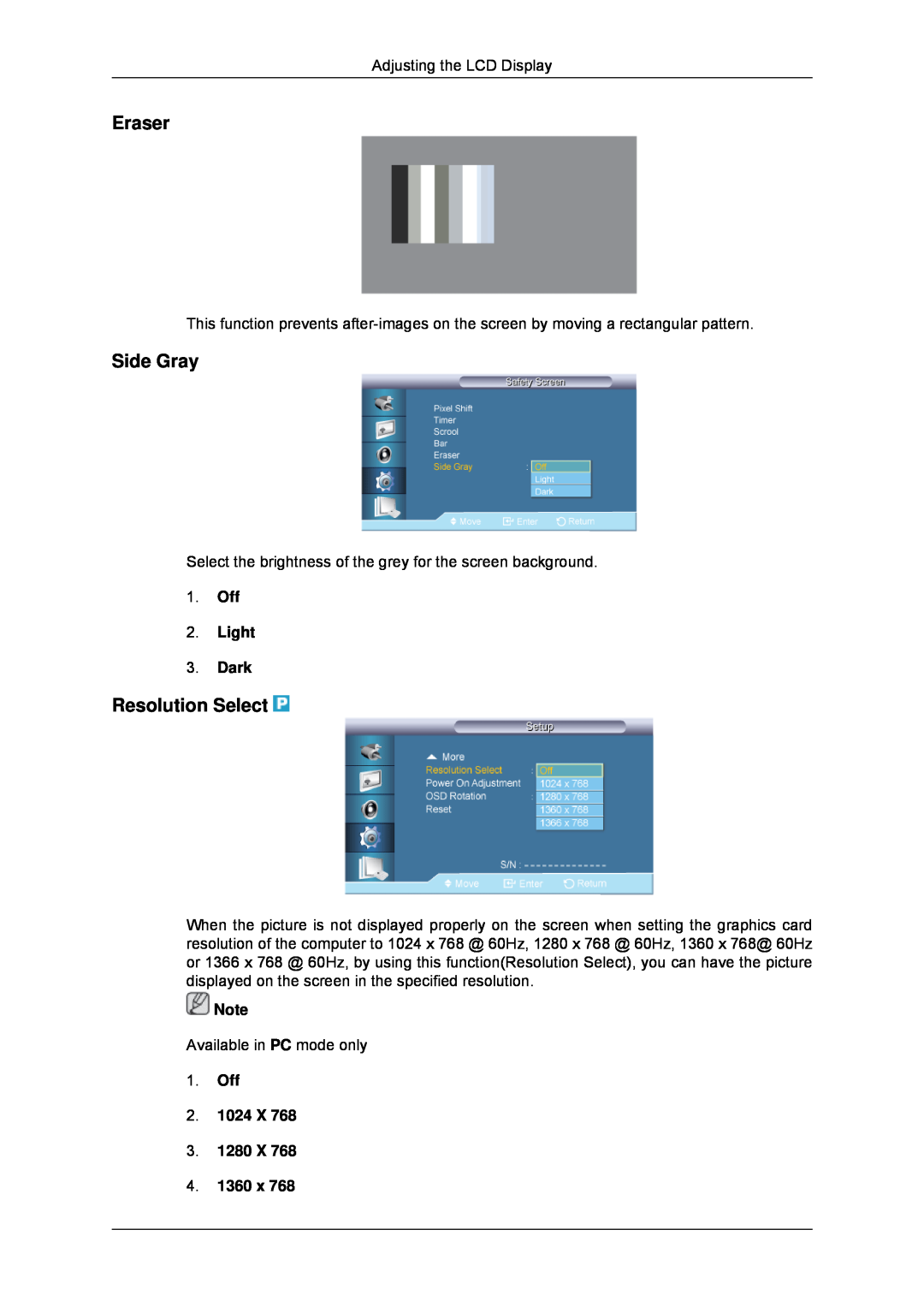 Samsung LH70TCSMBG/EN manual Eraser, Side Gray, Resolution Select, Off 2. Light 3. Dark, Off 2. 1024 X 3. 1280 X 4. 1360 x 