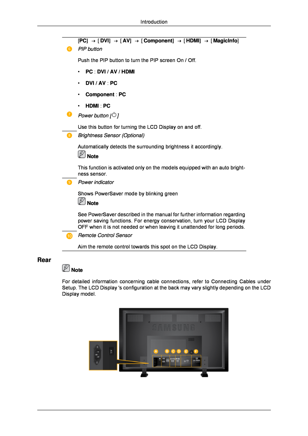 Samsung LH70TCUMBG/XJ manual Rear, PC → DVI → AV → Component → HDMI → MagicInfo, PIP button, Power button, Power indicator 
