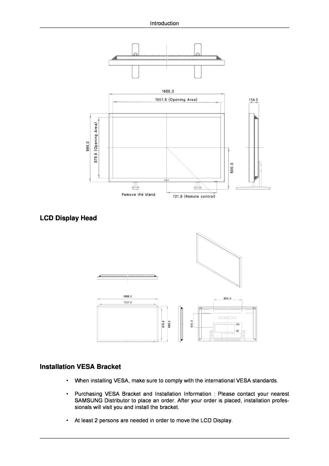 Samsung LH70TCSMBG/XJ, LH70TCUMBG/EN, LH82TCUMBG/EN, LH70TCSMBG/EN, LH70TCUMBG/XJ LCD Display Head Installation VESA Bracket 
