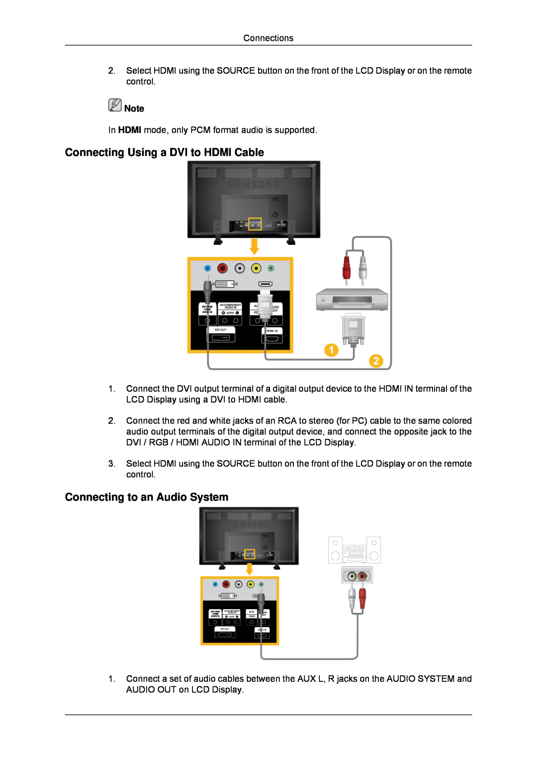 Samsung LH70TCSMBG/XJ, LH70TCUMBG/EN, LH82TCUMBG/EN Connecting Using a DVI to HDMI Cable, Connecting to an Audio System 