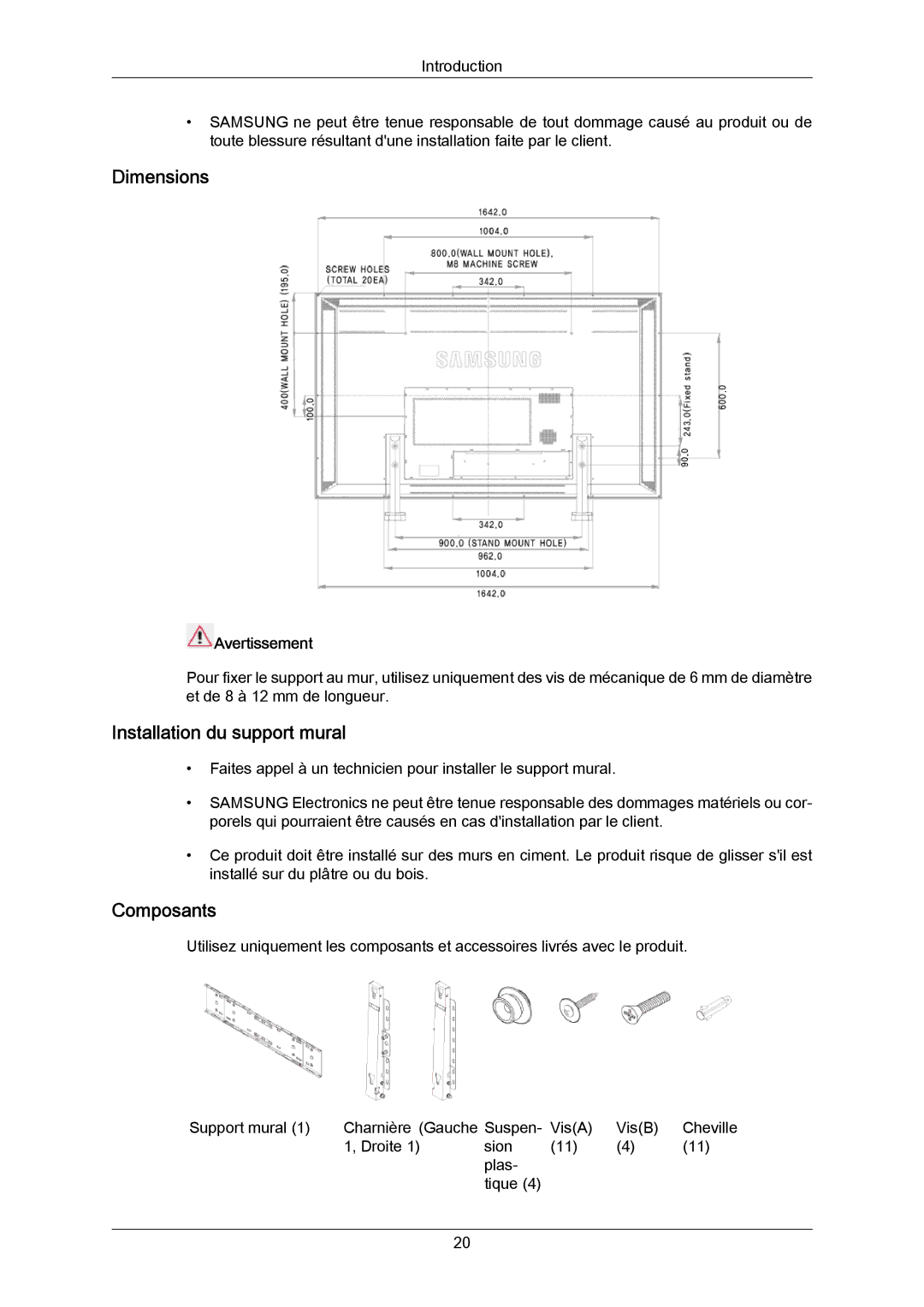 Samsung LH70TCUMBG/EN, LH82TCUMBG/EN, LH70TCSMBG/EN manual Dimensions, Installation du support mural, Composants 