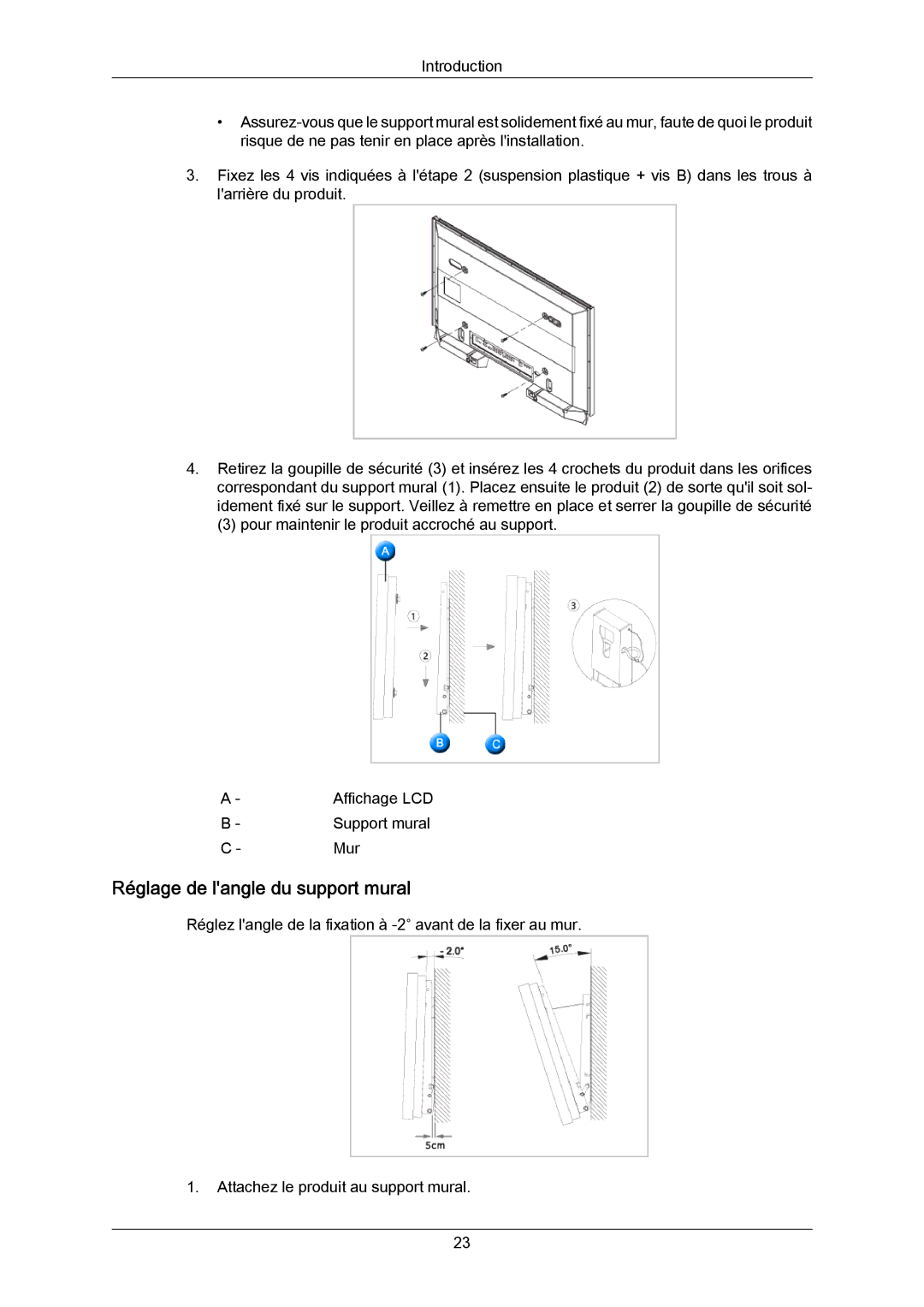 Samsung LH70TCUMBG/EN, LH82TCUMBG/EN, LH70TCSMBG/EN manual Réglage de langle du support mural 