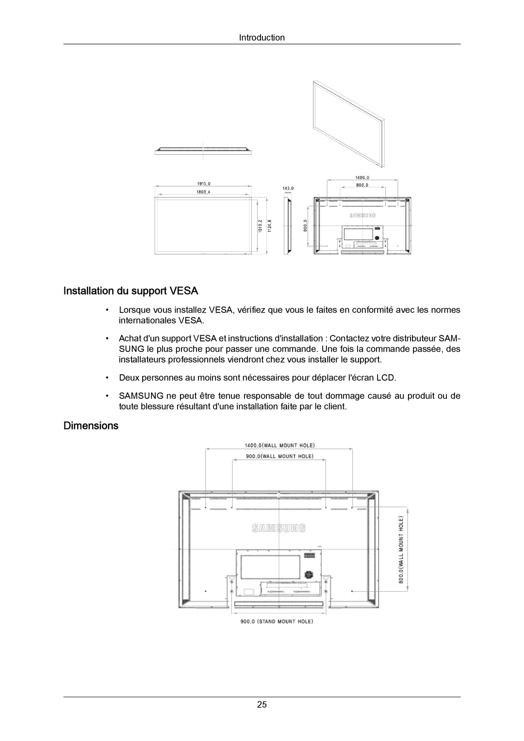 Samsung LH70TCSMBG/EN, LH70TCUMBG/EN, LH82TCUMBG/EN manual Installation du support Vesa 