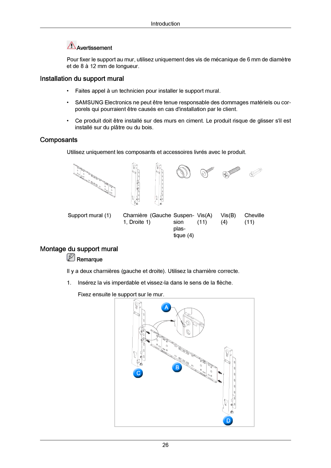 Samsung LH70TCUMBG/EN, LH82TCUMBG/EN, LH70TCSMBG/EN manual Installation du support mural 