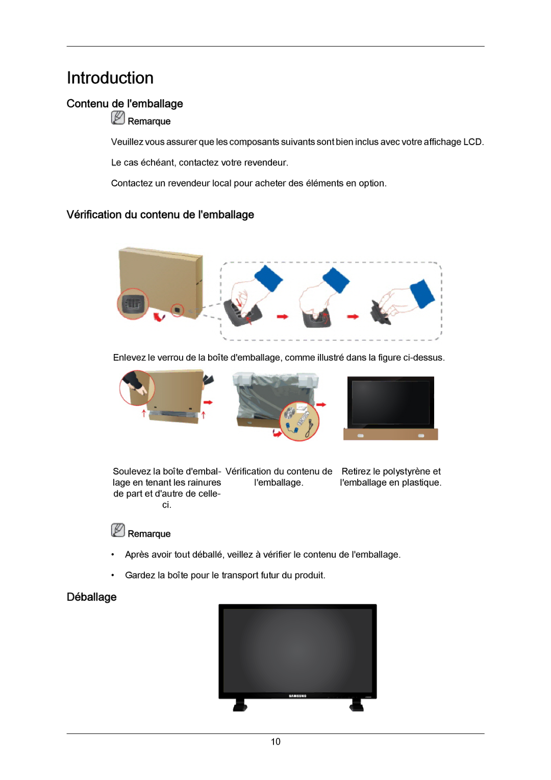 Samsung LH70TCSMBG/EN, LH70TCUMBG/EN, LH82TCUMBG/EN Contenu de lemballage, Vérification du contenu de lemballage, Déballage 