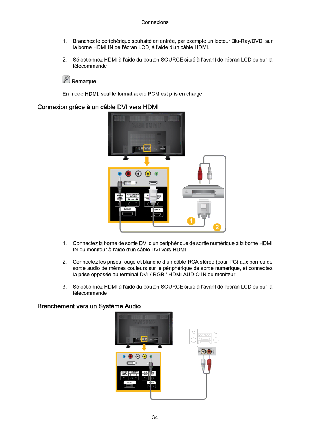 Samsung LH70TCSMBG/EN, LH70TCUMBG/EN manual Connexion grâce à un câble DVI vers Hdmi, Branchement vers un Système Audio 