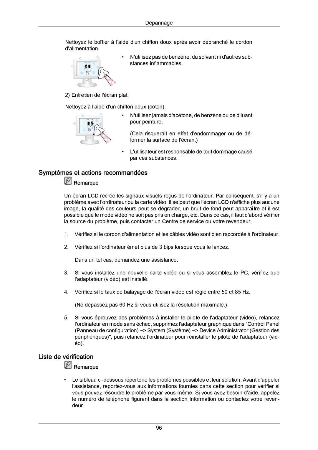 Samsung LH70TCUMBG/EN, LH82TCUMBG/EN, LH70TCSMBG/EN manual Symptômes et actions recommandées, Liste de vérification 