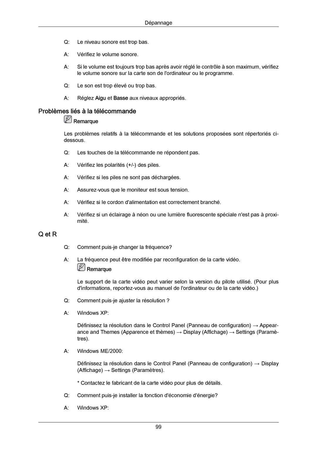 Samsung LH70TCUMBG/EN, LH82TCUMBG/EN, LH70TCSMBG/EN manual Problèmes liés à la télécommande, Et R 