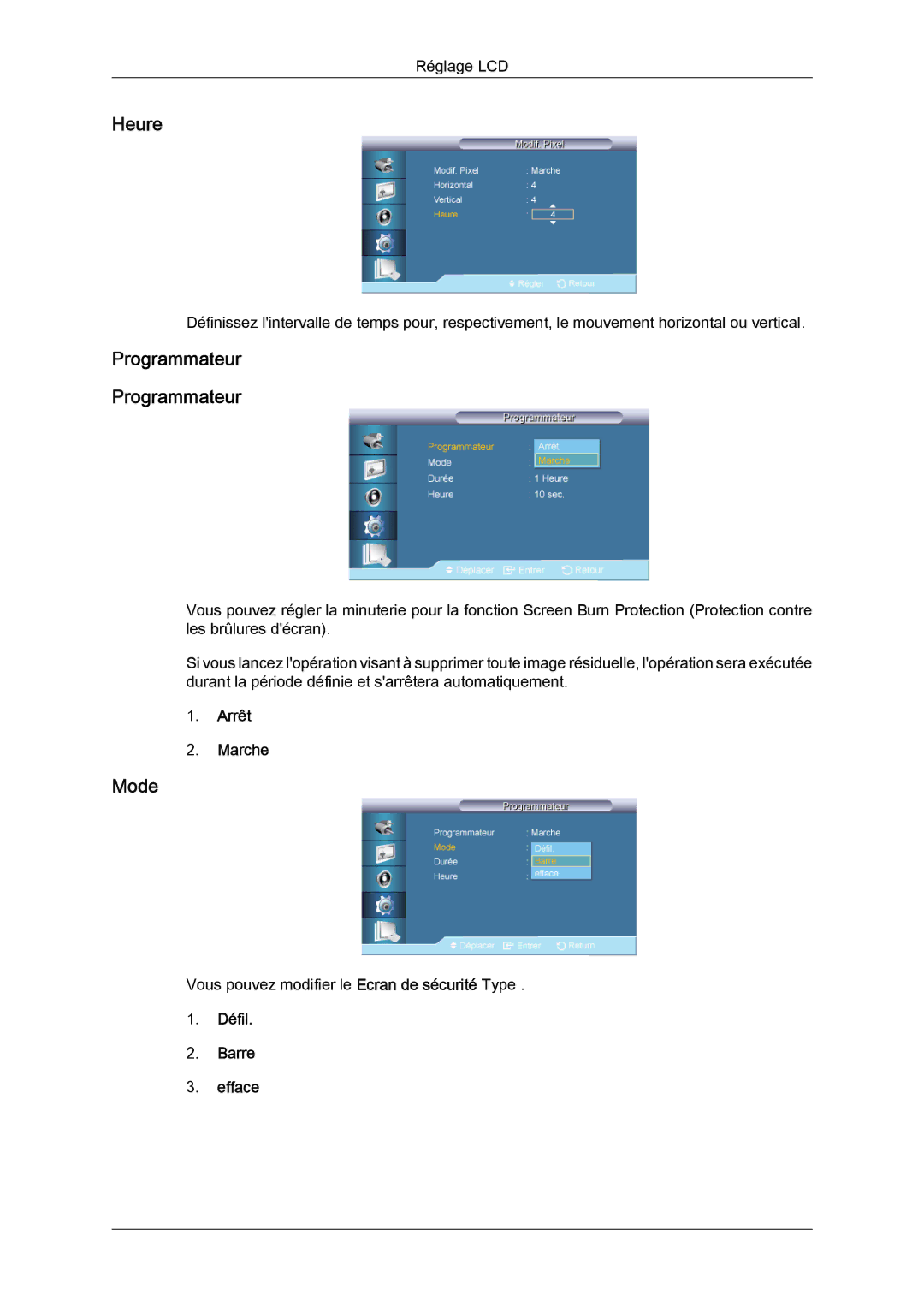 Samsung LH70TCSMBG/EN, LH70TCUMBG/EN, LH82TCUMBG/EN manual Heure, Programmateur, Défil Barre Efface 