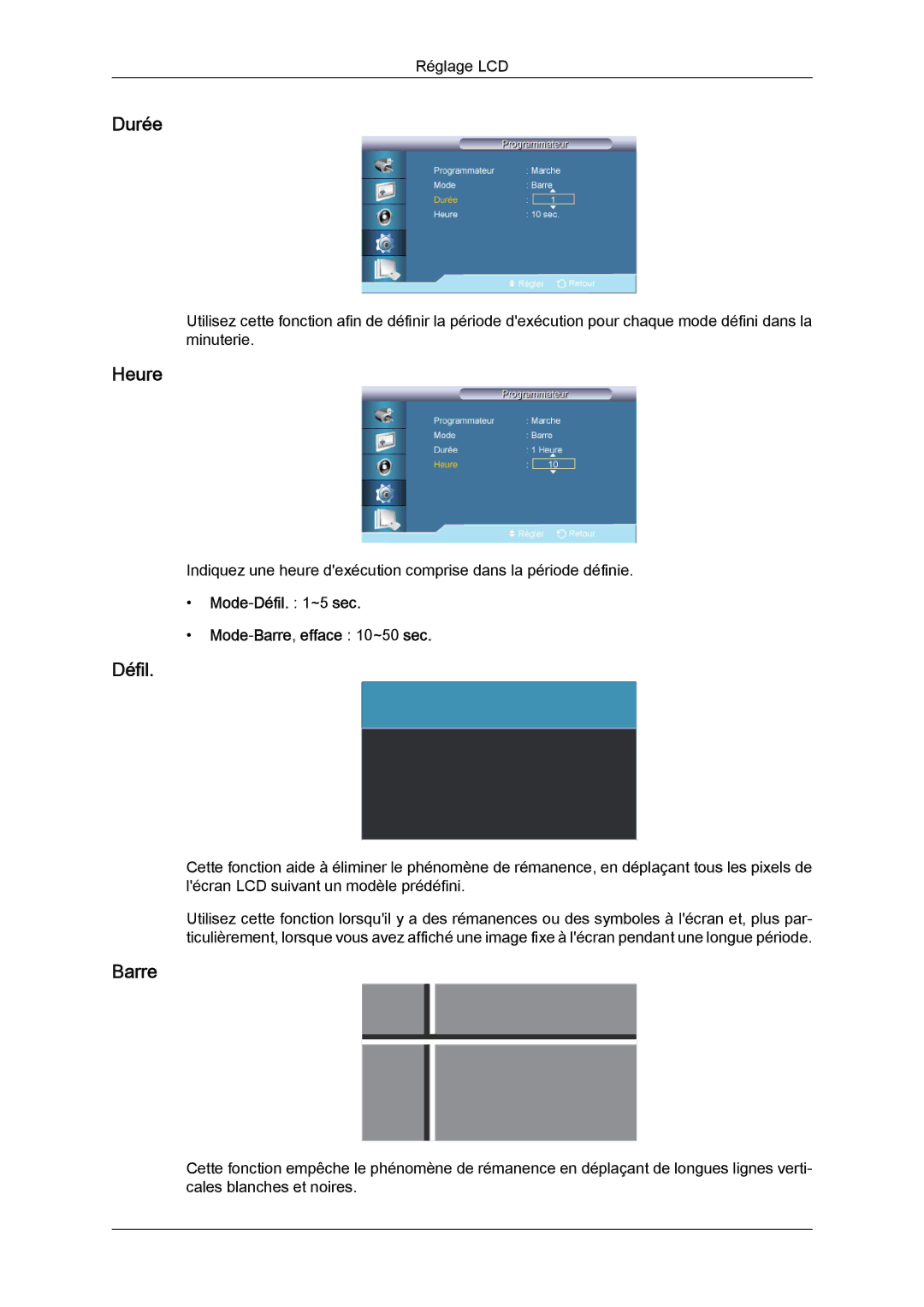 Samsung LH70TCUMBG/EN, LH82TCUMBG/EN, LH70TCSMBG/EN manual Durée, Mode‐Défil ~5 sec Mode‐Barre, efface 10~50 sec 