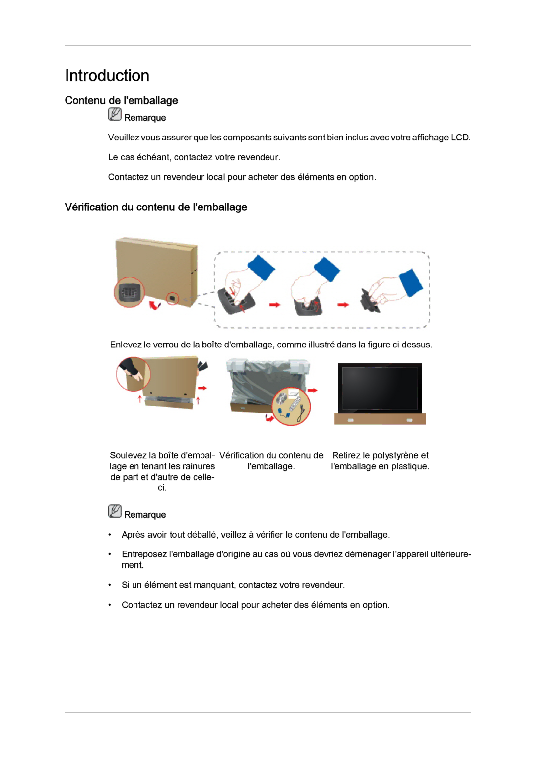 Samsung LH70TCSMBG/EN, LH70TCUMBG/EN, LH82TCUMBG/EN manual Contenu de lemballage, Vérification du contenu de lemballage 