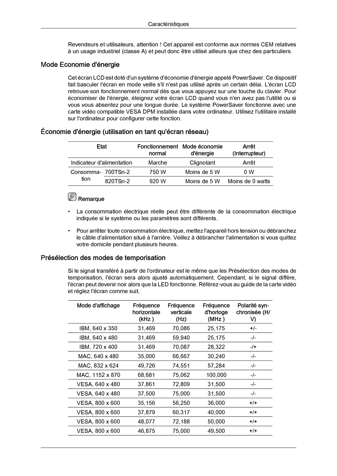 Samsung LH82TCUMBG/EN, LH70TCUMBG/EN manual Mode Economie dénergie, Économie dénergie utilisation en tant quécran réseau 