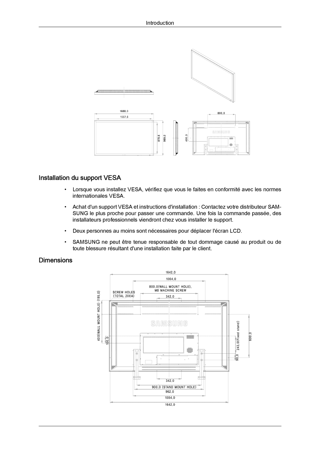 Samsung LH70TCUMBG/EN, LH82TCUMBG/EN, LH70TCSMBG/EN manual Installation du support Vesa, Dimensions 