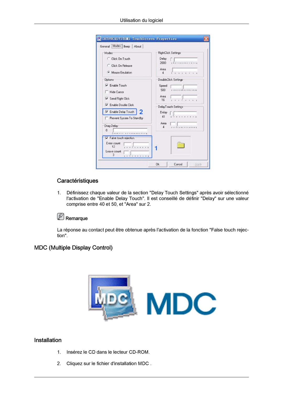 Samsung LH70TCUMBG/EN, LH82TCUMBG/EN, LH70TCSMBG/EN manual Caractéristiques, MDC Multiple Display Control Installation 