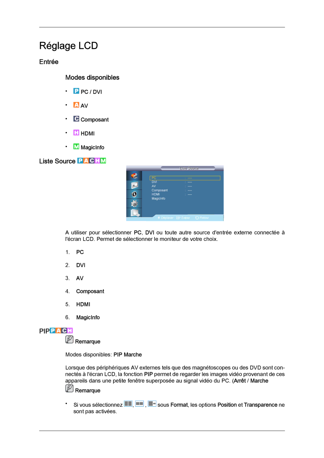 Samsung LH70TCSMBG/EN, LH70TCUMBG/EN, LH82TCUMBG/EN Entrée Modes disponibles, Liste Source, PC / DVI Composant, MagicInfo 