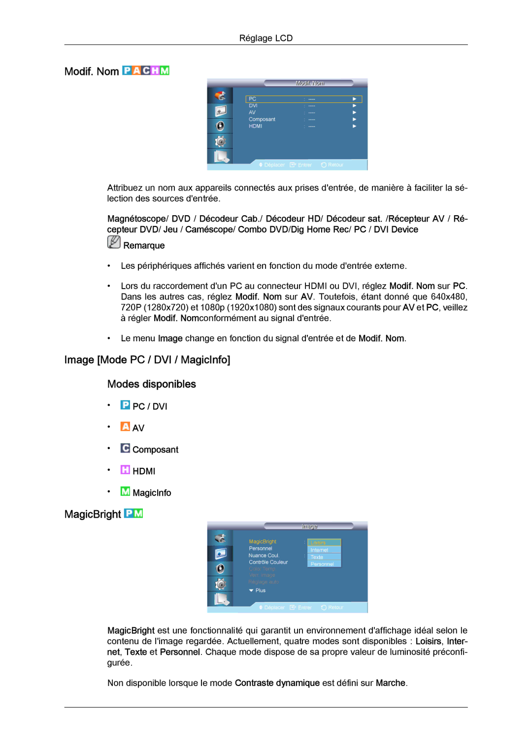 Samsung LH70TCSMBG/EN, LH70TCUMBG/EN manual Modif. Nom, Image Mode PC / DVI / MagicInfo Modes disponibles, MagicBright 