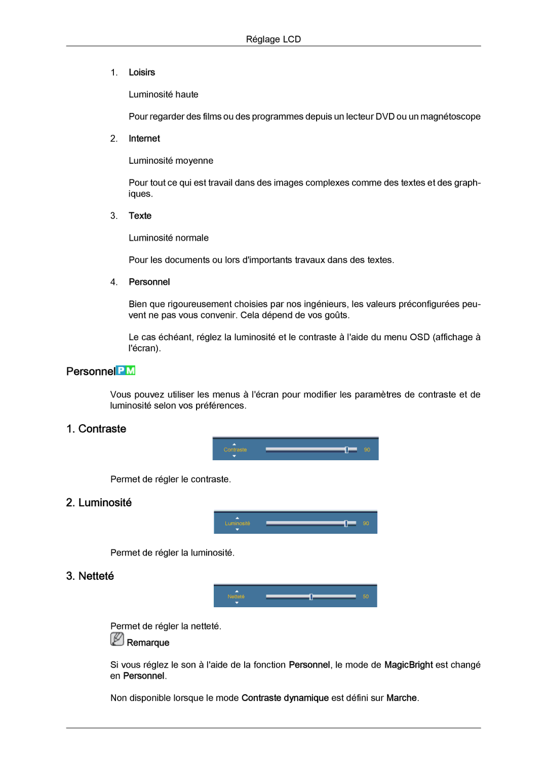 Samsung LH70TCUMBG/EN, LH82TCUMBG/EN, LH70TCSMBG/EN manual Personnel, Contraste, Luminosité, Netteté 