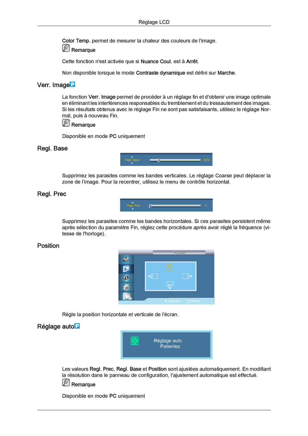 Samsung LH70TCSMBG/EN, LH70TCUMBG/EN, LH82TCUMBG/EN manual Verr. Image, Regl. Base, Regl. Prec, Réglage auto 