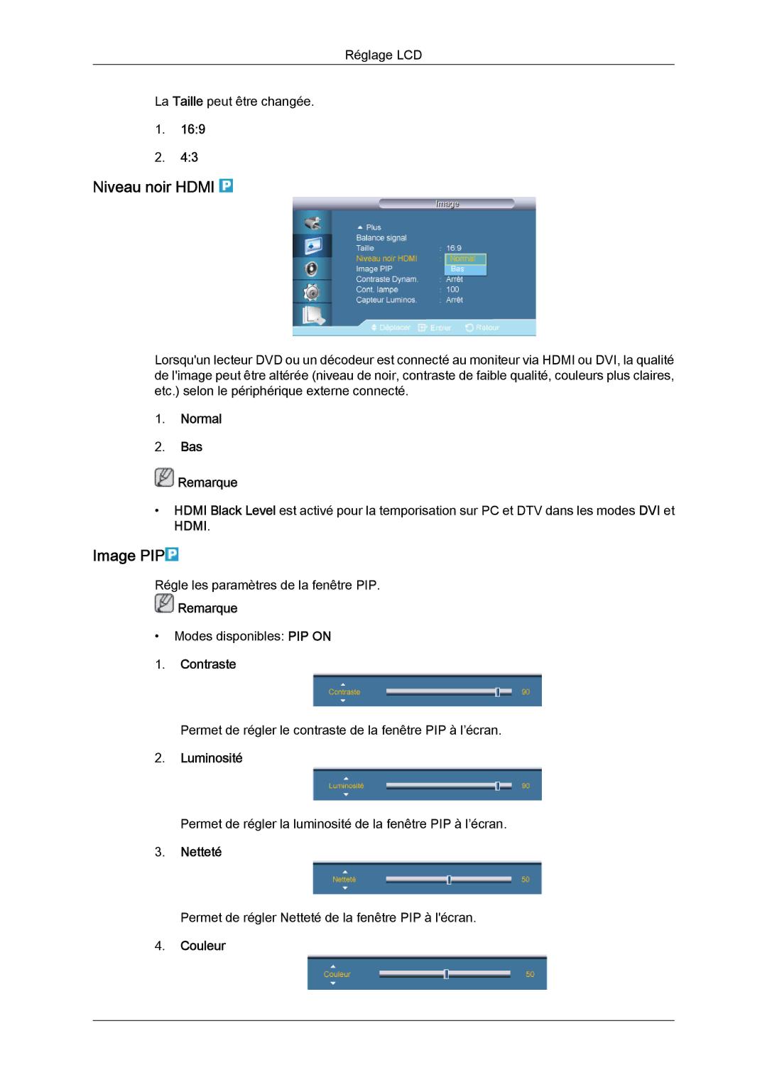 Samsung LH82TCUMBG/EN, LH70TCUMBG/EN, LH70TCSMBG/EN manual Niveau noir Hdmi, Image PIP 