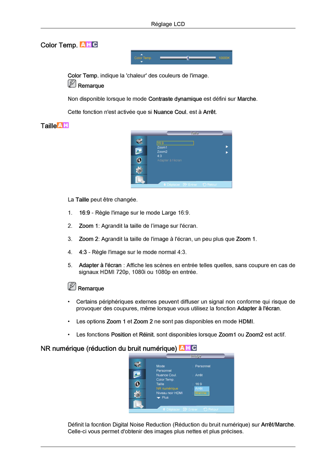 Samsung LH70TCSMBG/EN, LH70TCUMBG/EN, LH82TCUMBG/EN manual Color Temp, NR numérique réduction du bruit numérique 