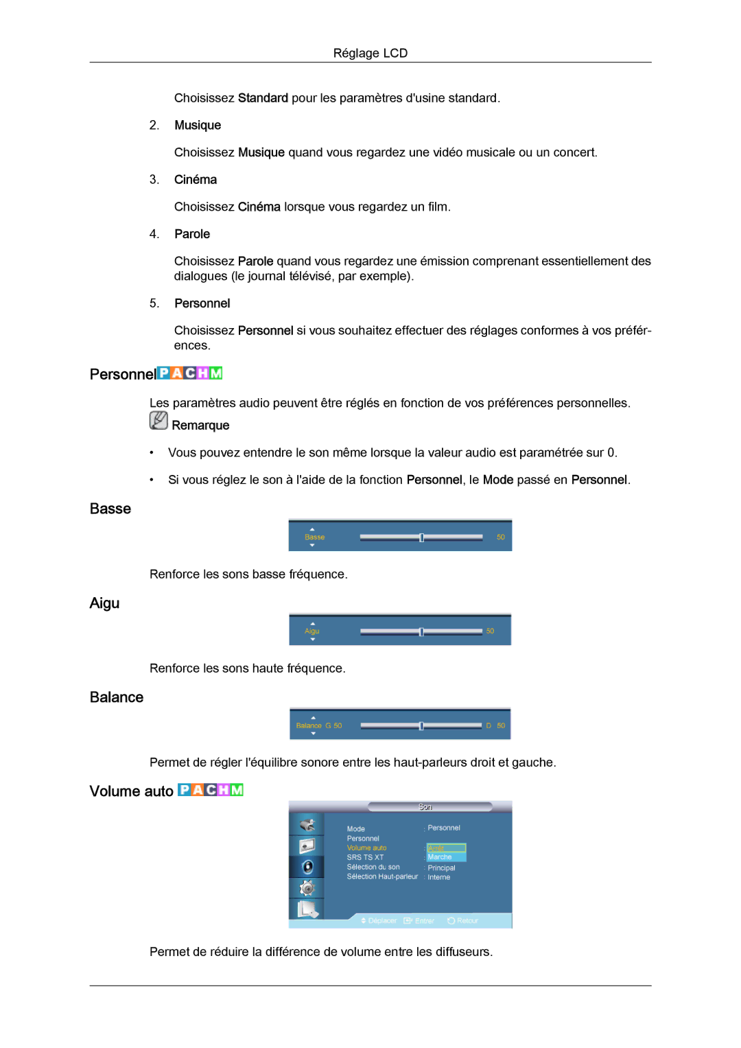 Samsung LH70TCUMBG/EN, LH82TCUMBG/EN, LH70TCSMBG/EN manual Basse, Aigu, Balance, Volume auto 