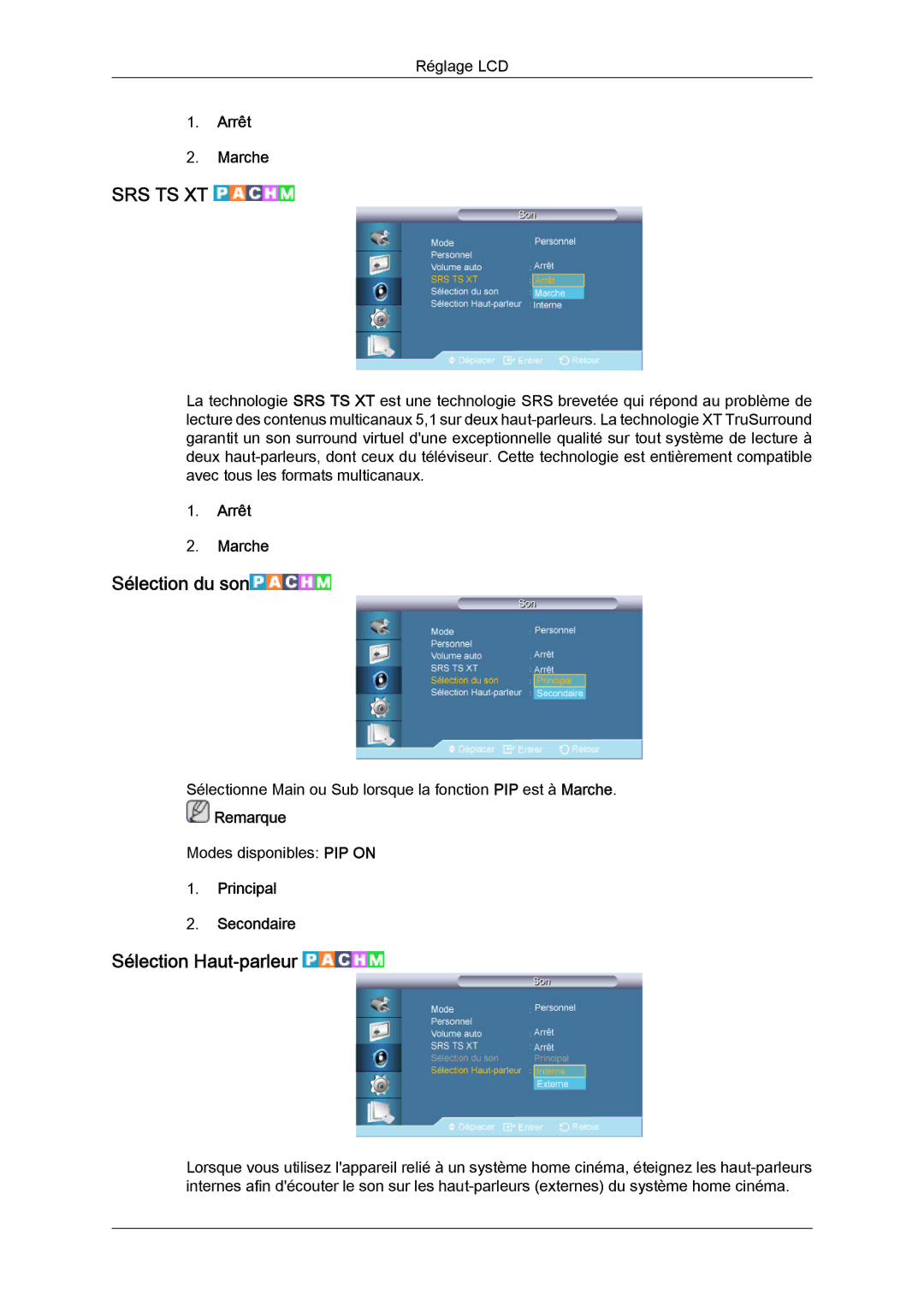 Samsung LH82TCUMBG/EN, LH70TCUMBG/EN, LH70TCSMBG/EN manual Sélection du son, Sélection Haut‐parleur, Principal Secondaire 