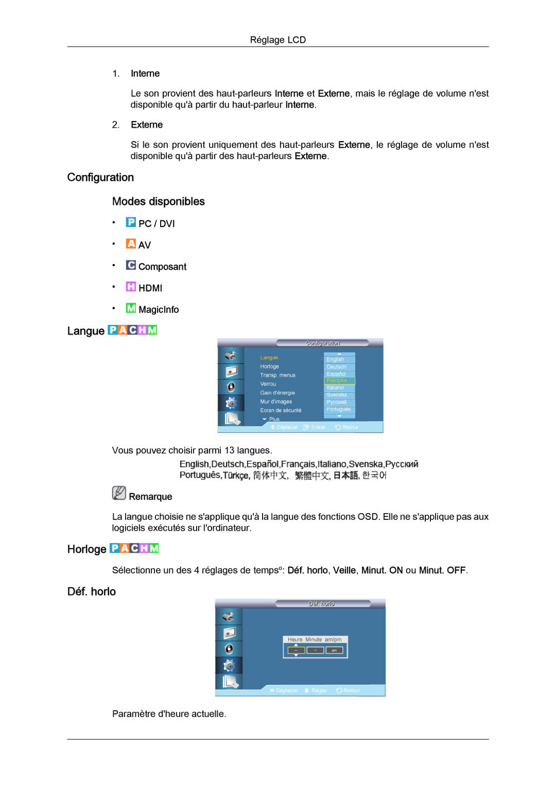 Samsung LH70TCSMBG/EN, LH70TCUMBG/EN, LH82TCUMBG/EN manual Configuration Modes disponibles, Langue, Horloge, Déf. horlo 