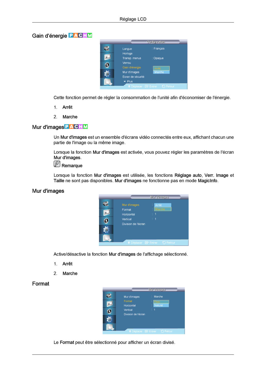 Samsung LH70TCSMBG/EN, LH70TCUMBG/EN, LH82TCUMBG/EN manual Gain d’énergie, Mur dimages 