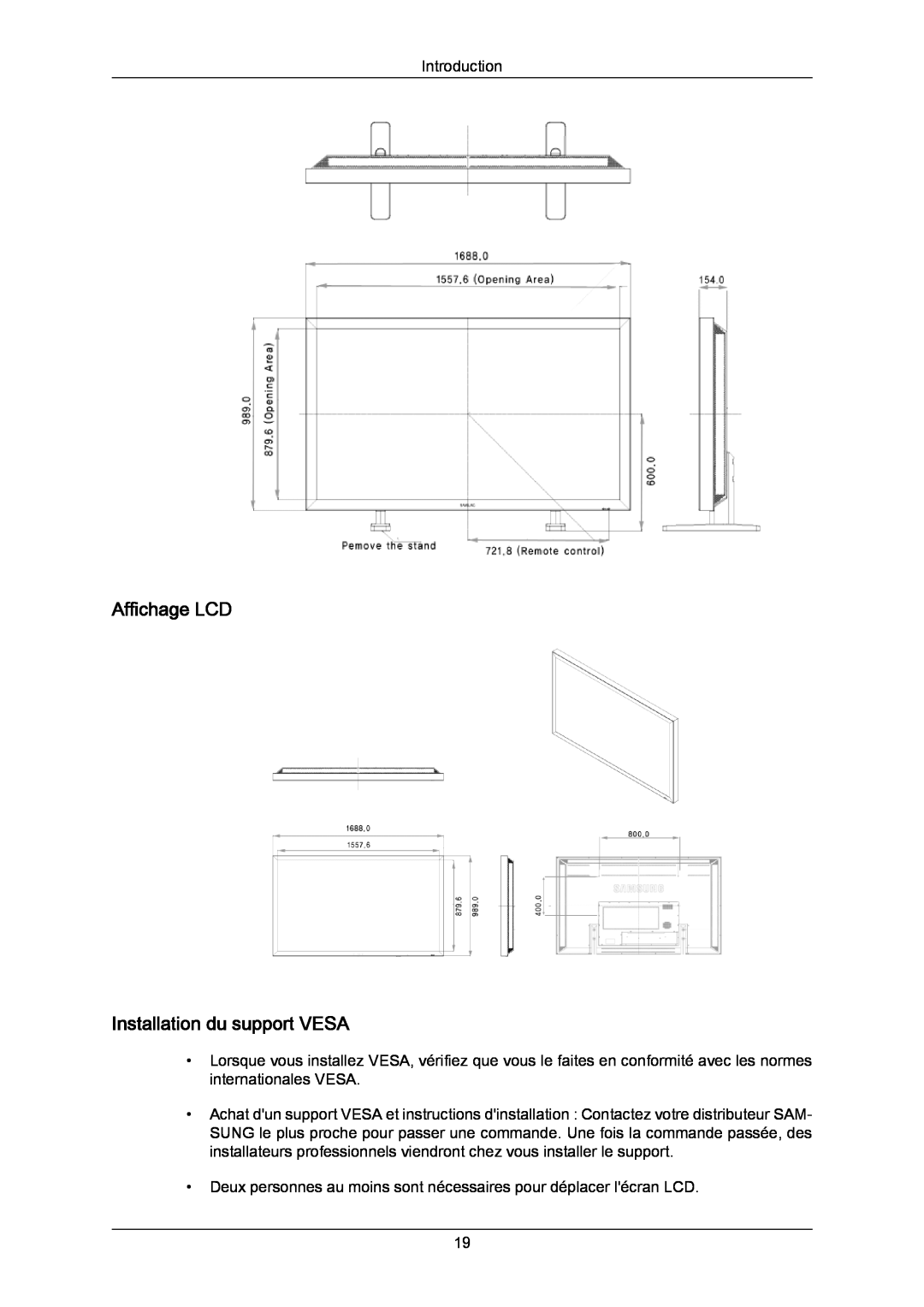 Samsung LH70TCSMBG/EN, LH70TCUMBG/EN, LH82TCUMBG/EN manual Affichage LCD Installation du support VESA 