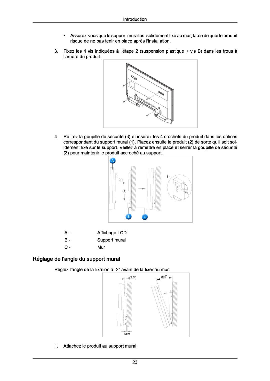 Samsung LH70TCUMBG/EN, LH82TCUMBG/EN, LH70TCSMBG/EN manual Réglage de langle du support mural 