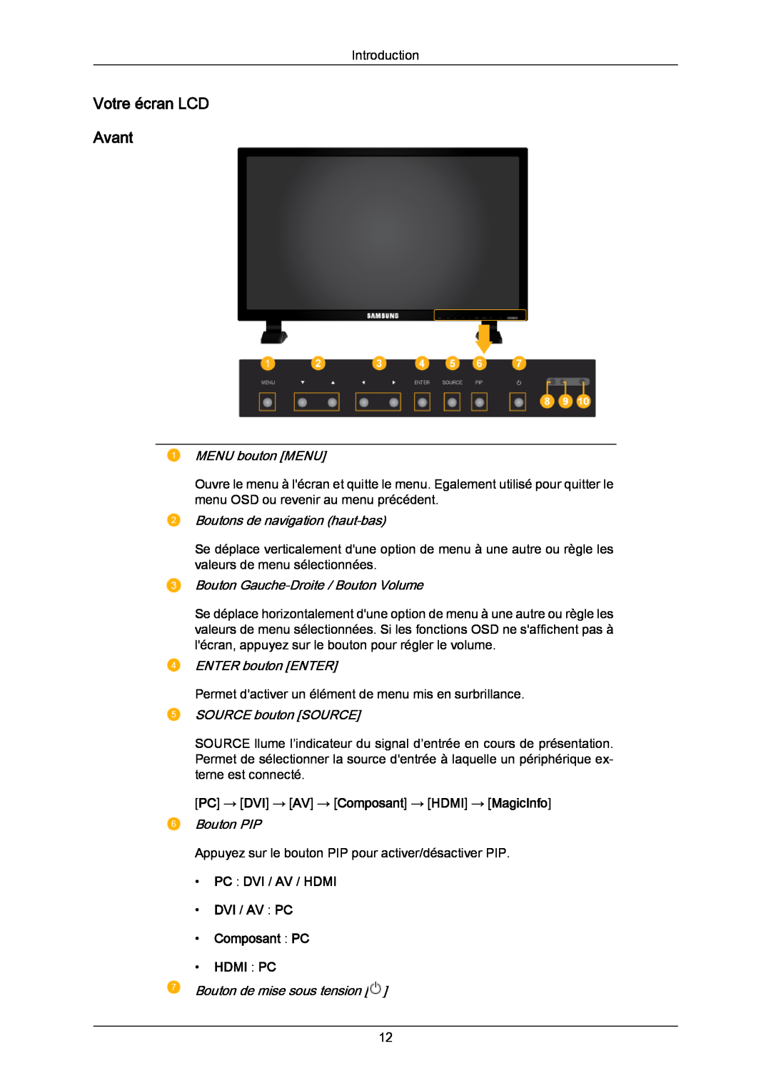 Samsung LH82TCUMBG/EN manual Votre écran LCD Avant, MENU bouton MENU, Boutons de navigation haut-bas, ENTER bouton ENTER 
