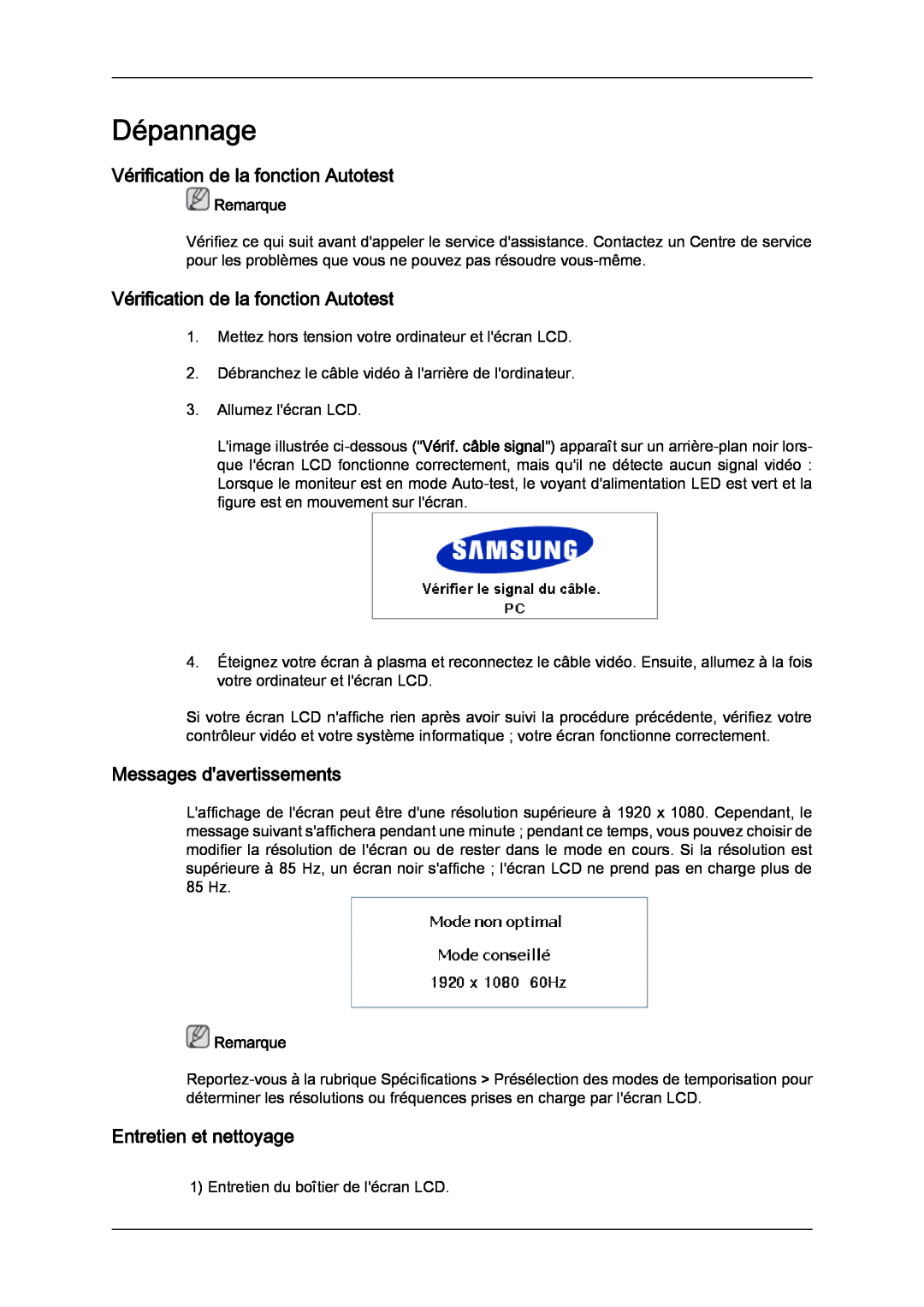 Samsung LH70TCSMBG/EN Dépannage, Vérification de la fonction Autotest, Messages davertissements, Entretien et nettoyage 