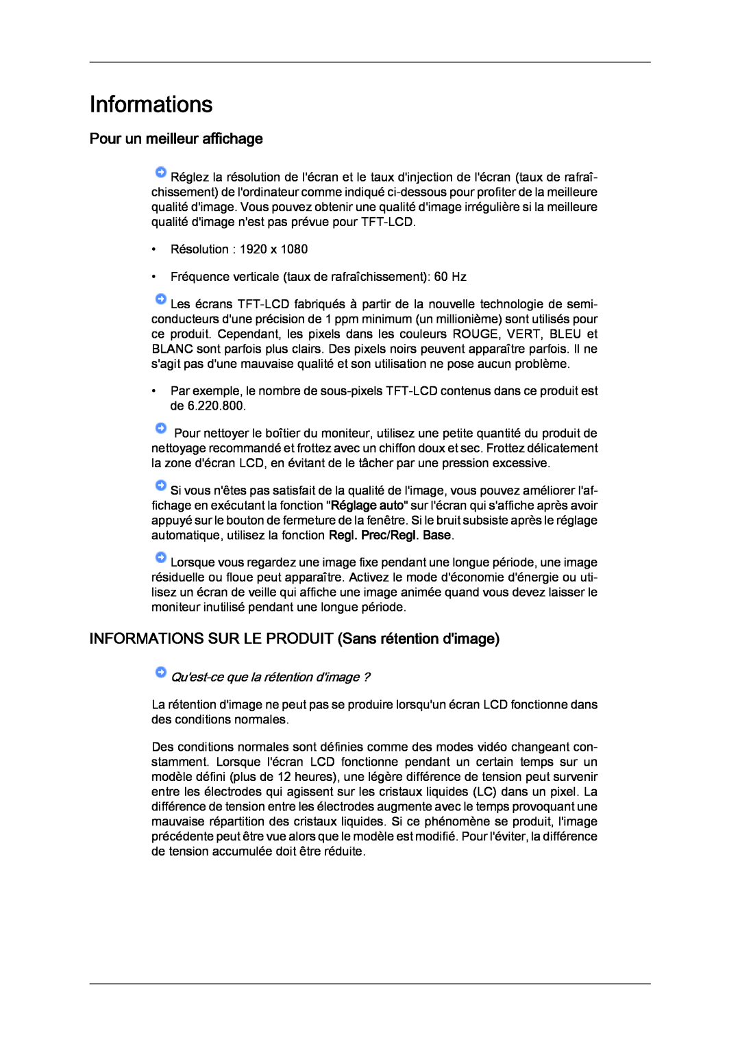 Samsung LH70TCUMBG/EN manual Informations, Pour un meilleur affichage, INFORMATIONS SUR LE PRODUIT Sans rétention dimage 