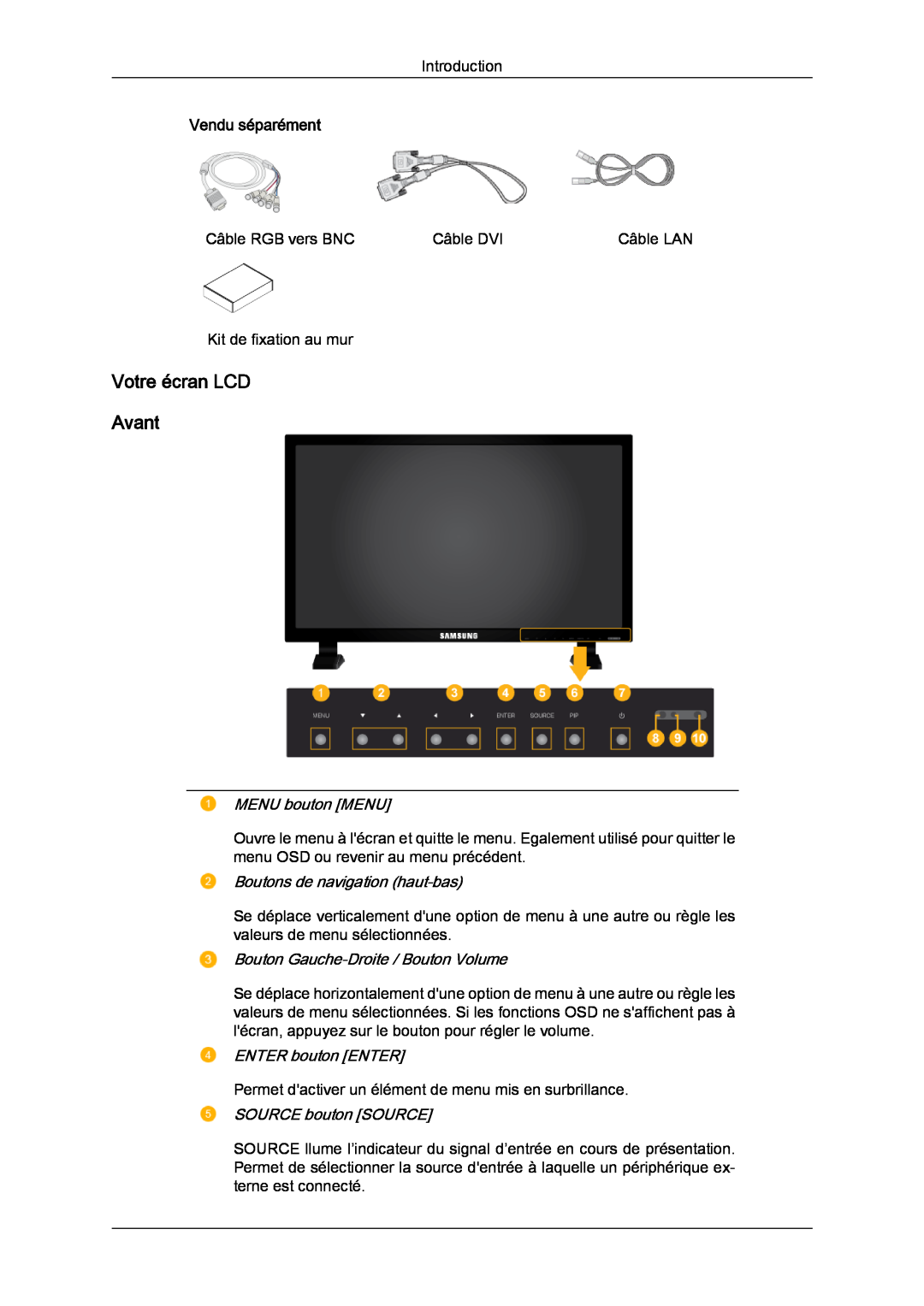 Samsung LH82TCUMBG/EN manual Votre écran LCD Avant, Vendu séparément, MENU bouton MENU, Boutons de navigation haut‐bas 
