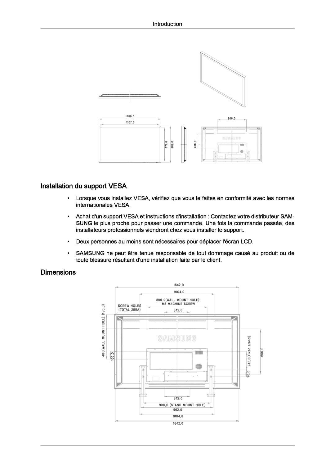 Samsung LH70TCUMBG/EN, LH82TCUMBG/EN, LH70TCSMBG/EN manual Installation du support VESA, Dimensions 