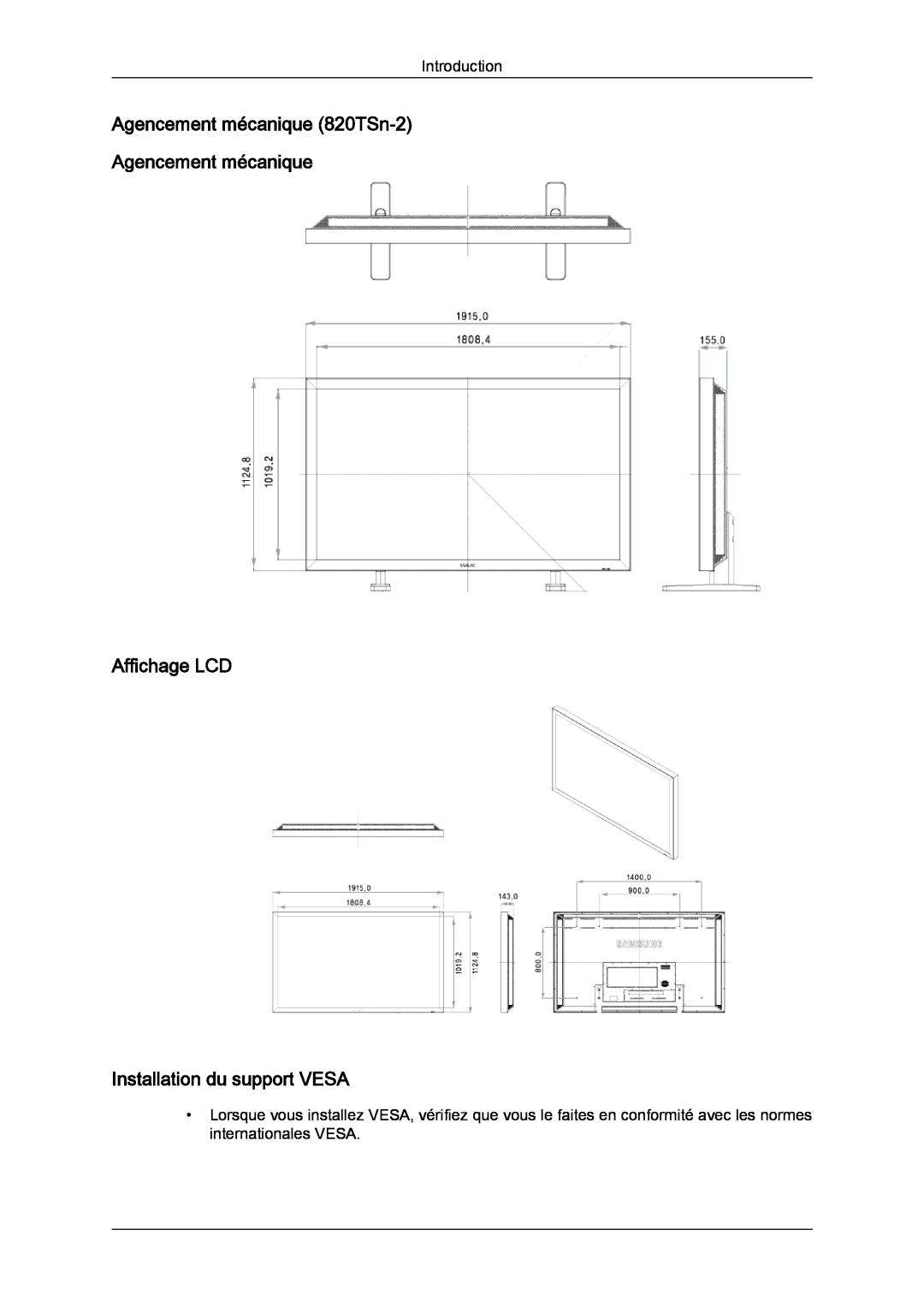 Samsung LH70TCSMBG/EN manual Affichage LCD Installation du support VESA, Agencement mécanique 820TSn‐2 Agencement mécanique 