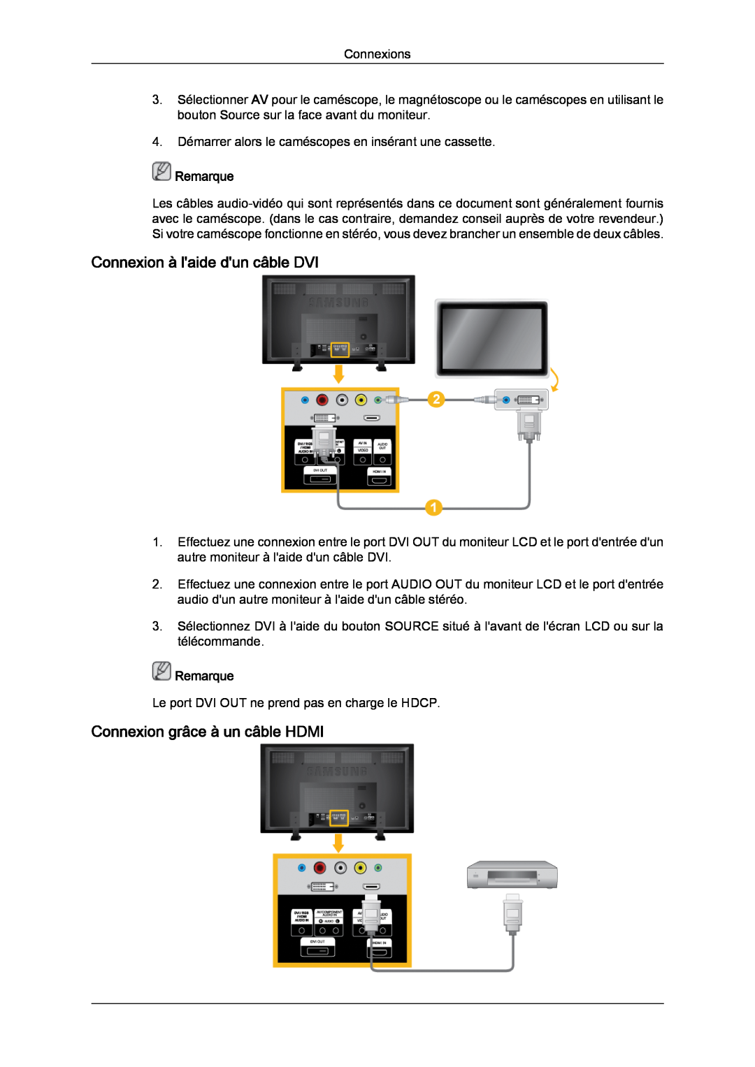 Samsung LH70TCSMBG/EN, LH70TCUMBG/EN manual Connexion à laide dun câble DVI, Connexion grâce à un câble HDMI, Remarque 