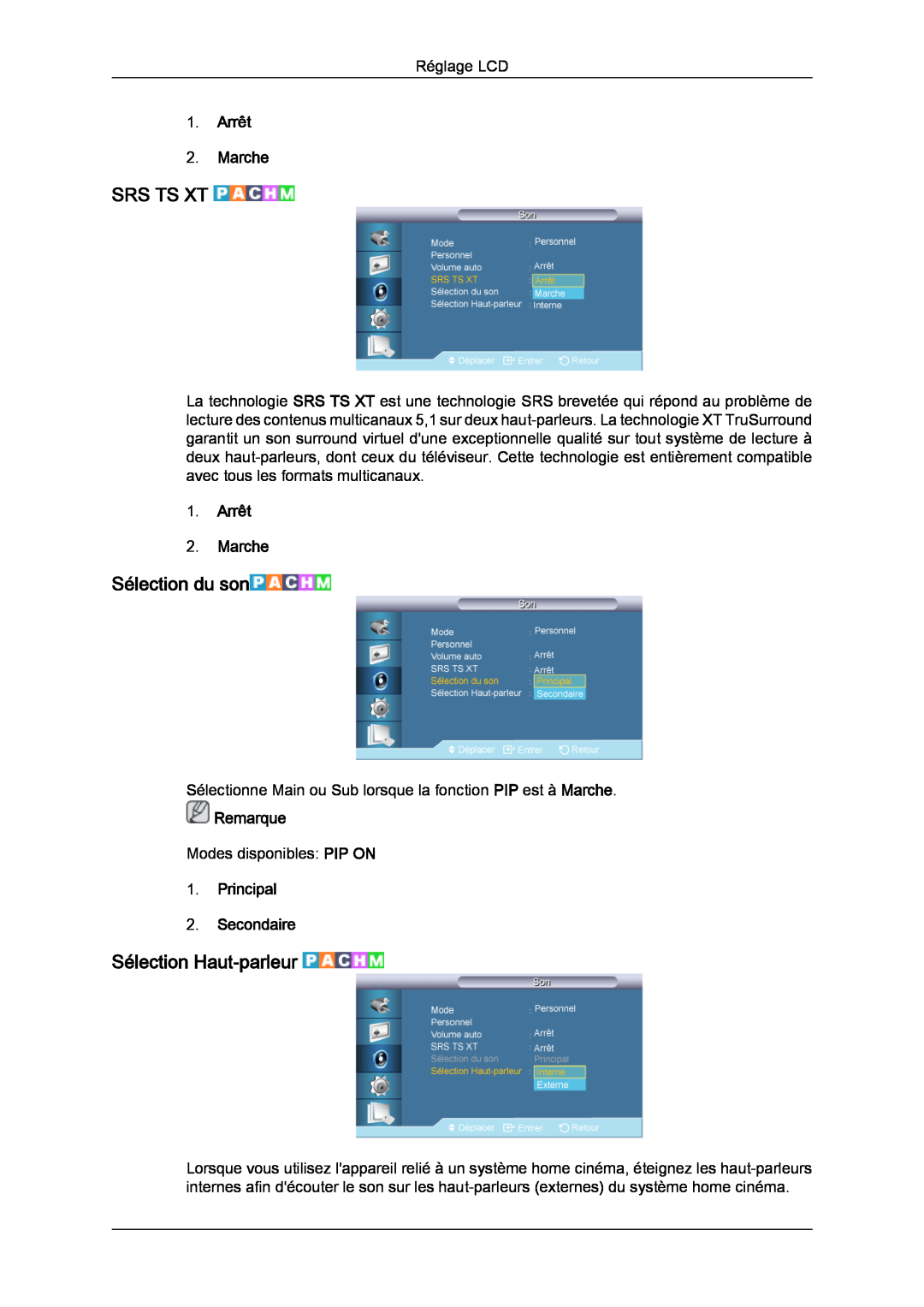 Samsung LH82TCUMBG/EN manual Srs Ts Xt, Sélection du son, Sélection Haut‐parleur, Principal 2. Secondaire, Arrêt 2. Marche 