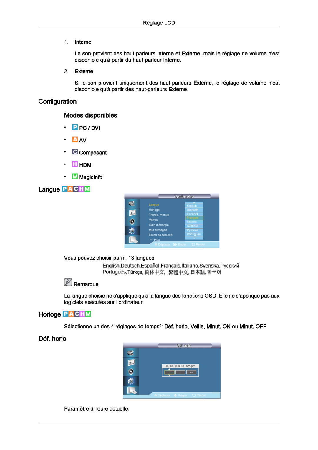 Samsung LH70TCSMBG/EN manual Configuration Modes disponibles, Langue, Horloge, Déf. horlo, Interne, Externe, Remarque 