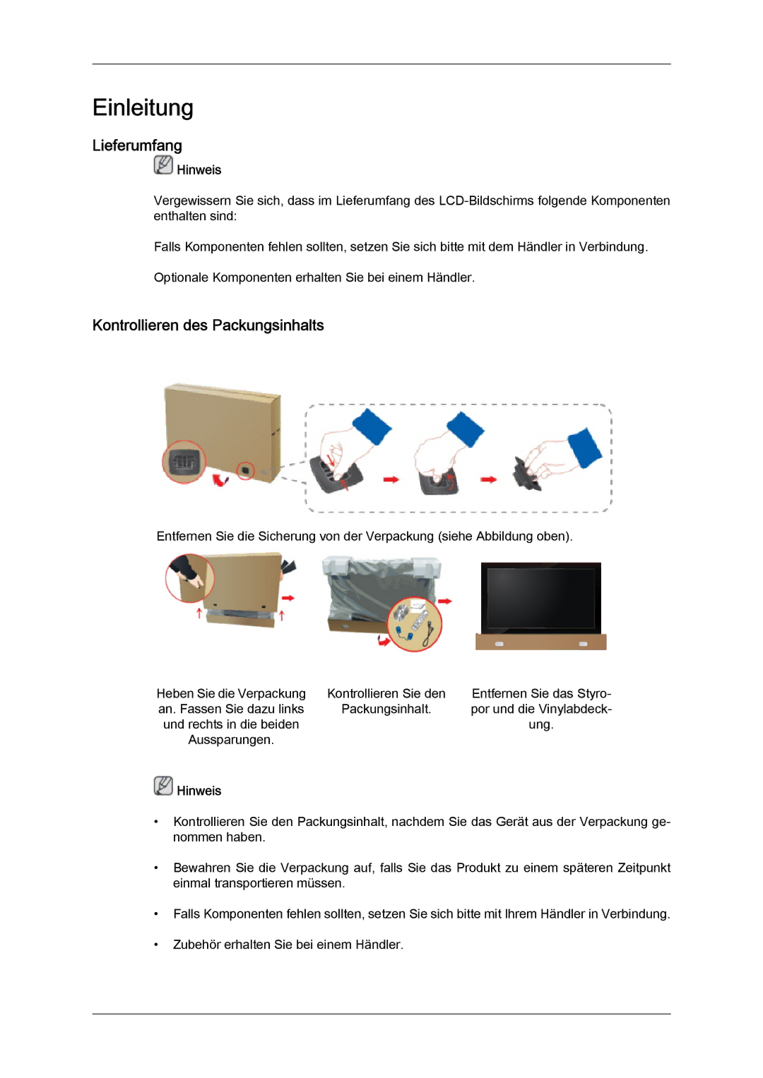 Samsung LH82TCUMBG/EN, LH70TCUMBG/EN manual Lieferumfang, Kontrollieren des Packungsinhalts 