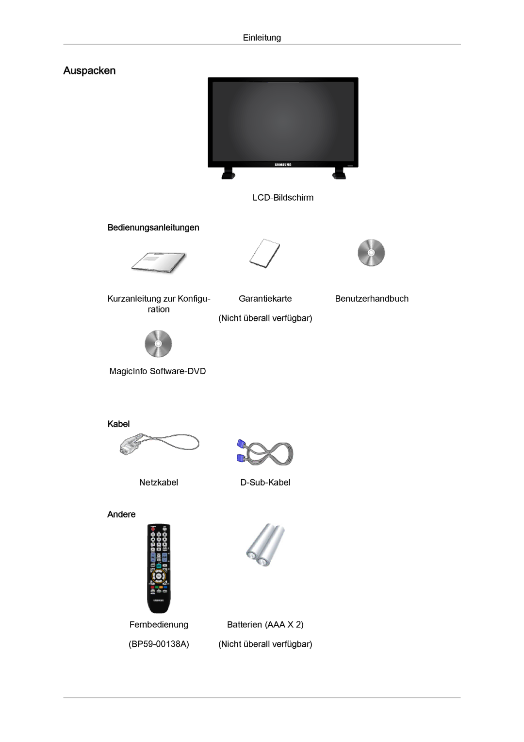 Samsung LH70TCUMBG/EN, LH82TCUMBG/EN manual Auspacken, Bedienungsanleitungen, Kabel, Andere 