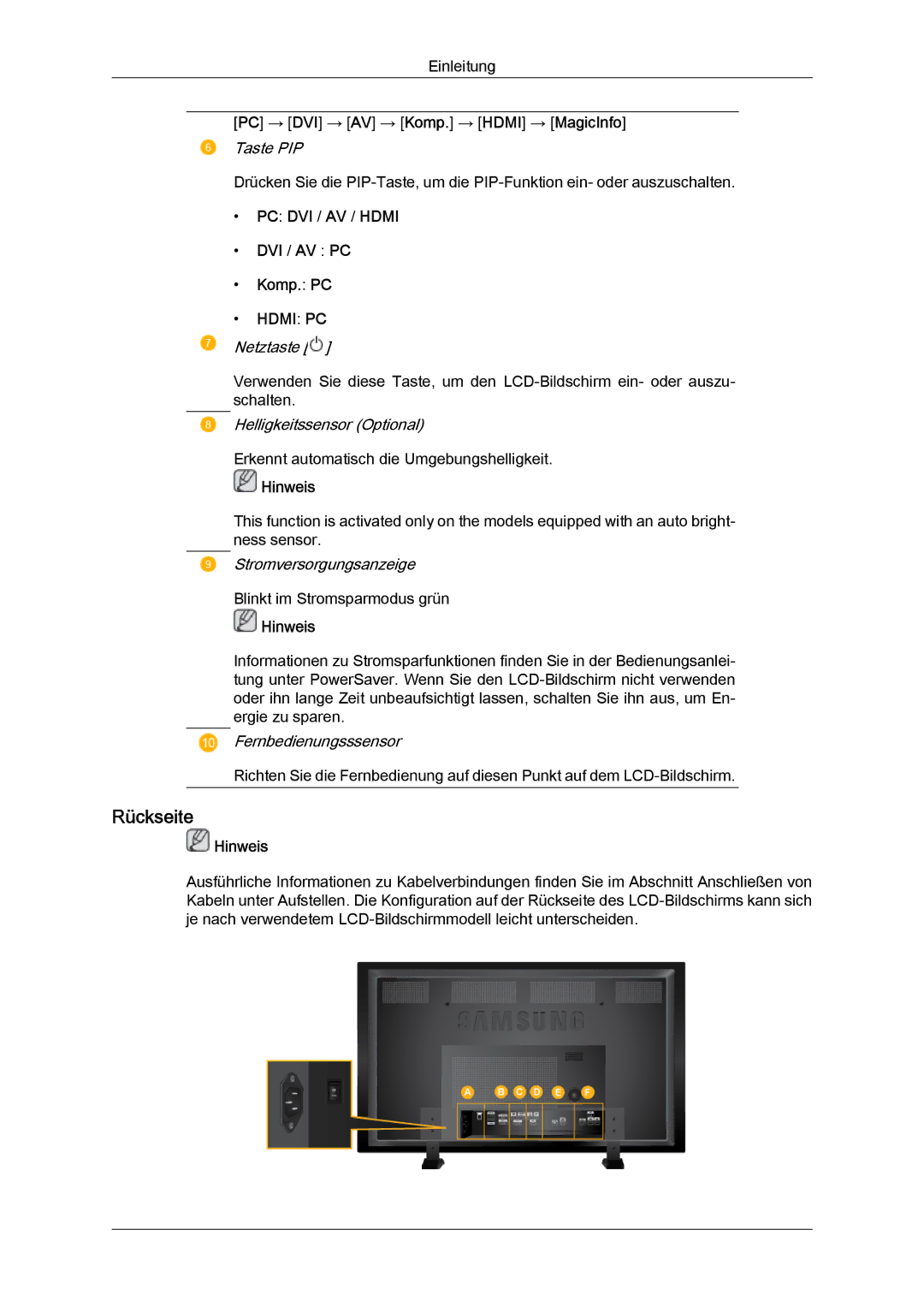 Samsung LH70TCUMBG/EN, LH82TCUMBG/EN manual Rückseite, PC → DVI → AV → Komp. → Hdmi → MagicInfo, DVI / AV PC Komp. PC 