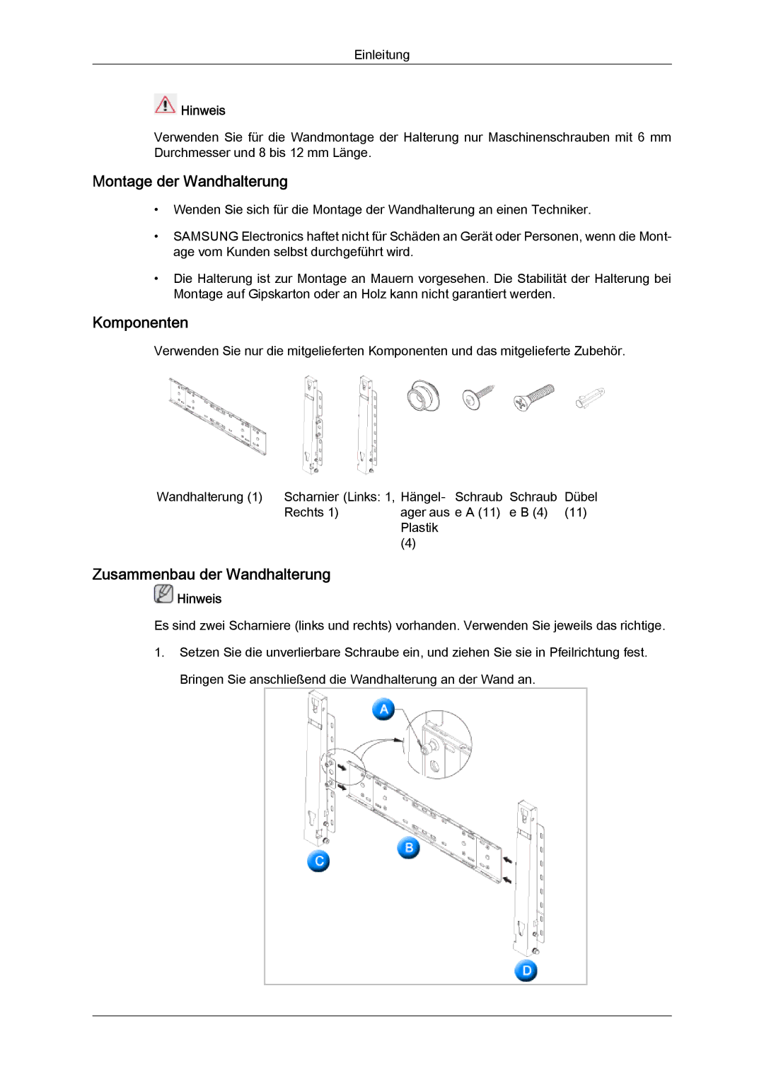 Samsung LH70TCUMBG/EN, LH82TCUMBG/EN manual Montage der Wandhalterung, Komponenten, Zusammenbau der Wandhalterung 