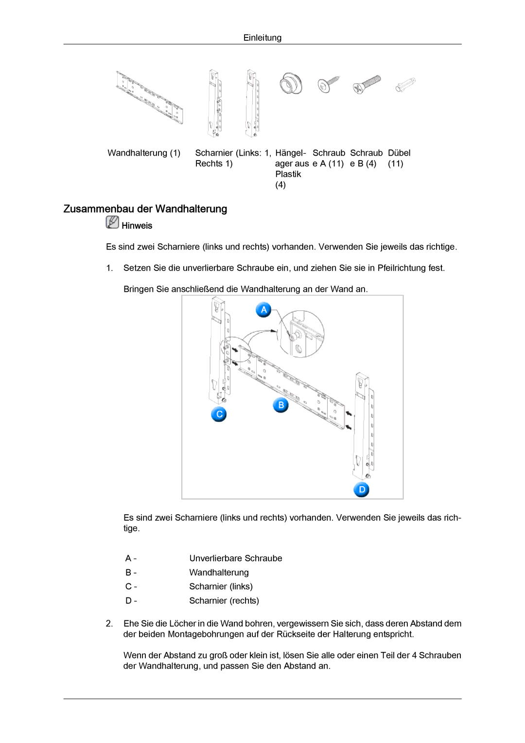 Samsung LH70TCUMBG/EN, LH82TCUMBG/EN manual Zusammenbau der Wandhalterung 