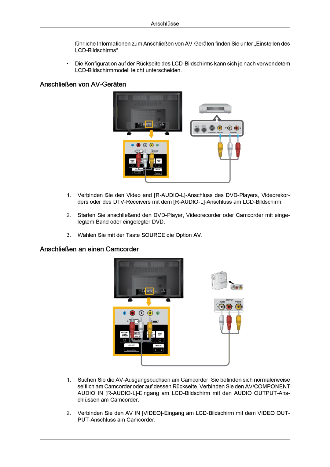 Samsung LH70TCUMBG/EN, LH82TCUMBG/EN manual Anschließen von AV‐Geräten, Anschließen an einen Camcorder 