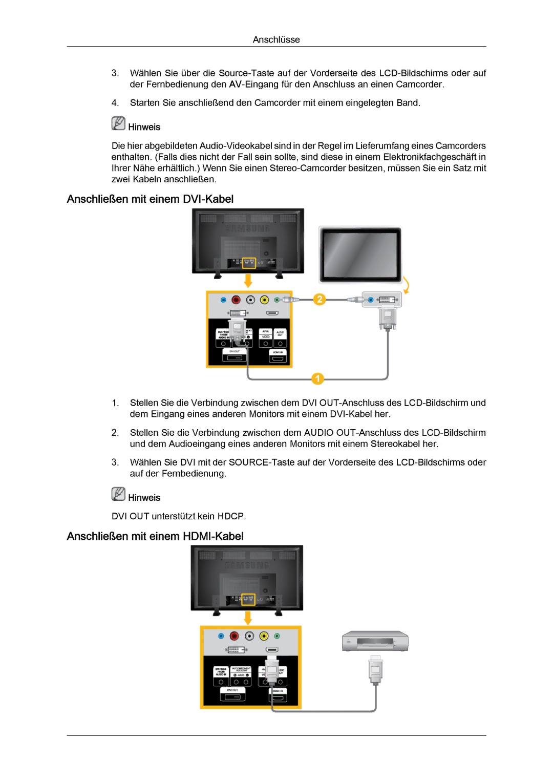 Samsung LH82TCUMBG/EN, LH70TCUMBG/EN manual Anschließen mit einem DVI‐Kabel, Anschließen mit einem HDMI‐Kabel 